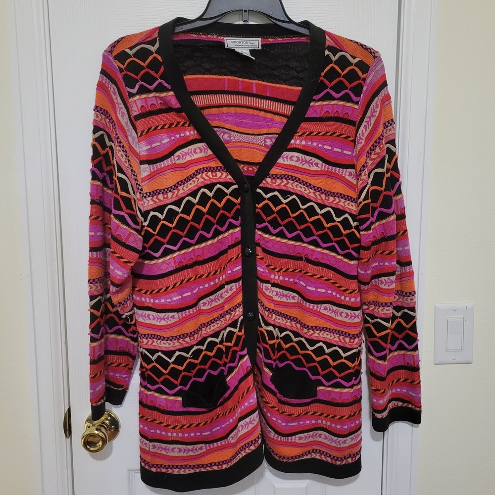 Simonton Says George Simonton Geometric Knit Cardigan Pink Orange XL Longline‎